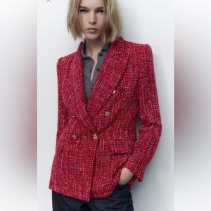 NEW Zara Balmain style Textured Tweed Plaid Suit Blazer Jacket. Missing button